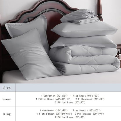 NTBAY Queen Comforter Set with Sheets, 7 Pieces Soft and Breathable Queen Bedding Set, Bed in a Bag, Down Alternative Comforter Set Solid Color All Season, Queen Bedding Set, Light Grey