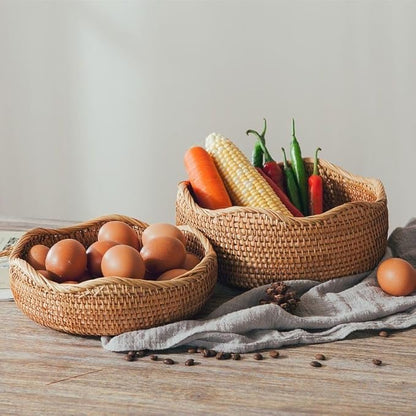 Rattan Bread Basket, Hand Woven Fruit Basket, Wicker Serving Basket Bowl, Decorative Baskets for Kitchen Counter Organizing, Set of 3 (Wave)