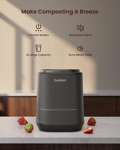 Electric Composter for Kitchen - 4L Countertop Indoor Compost Bin Smart Odorless Turn Kitchen Waste into Fertilizer Compost Maker, Low Noise, Auto-Clean, 2025 Newer Home Food composting Machine Gifts
