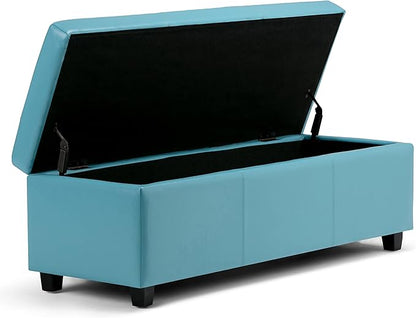 SIMPLIHOME Avalon 48 inch Wide Contemporary Rectangle Storage Ottoman Bench in Soft Blue Vegan Faux Leather, Assembled, For the Living Room, Entryway and Family Room