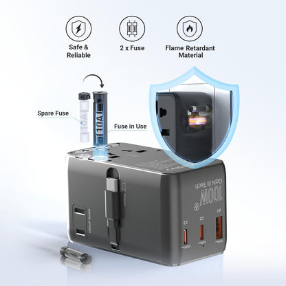 MINIX 100W Universal Travel Adapter with Retractable USB C Cable,GaN III International Power Adapter, Type-C*3 USB-A*1 Ports, AC Outlet, Worldwide Travel Charger for Laptops Tablets Phones Cameras
