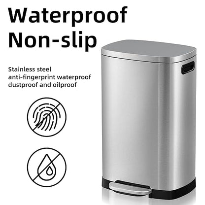 13 Gallon Trash Can with Lid, 50L Fingerprint Proof Stainless Steel Kitchen Trash Can with Removable Inner Bucket and Lid Soft Close, Pedal Rubbish Bin for Home Office