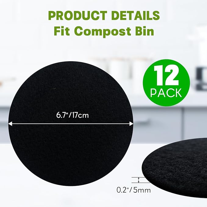 12 Pack - 6.7 Inch Round Compost Bin Charcoal Filters,Extra Thick Activated Carbon Charcoal Filters for Longer Lasting Odor Control, Fits Countertop and Home Bucket Kitchen Compost Bins (Refill)