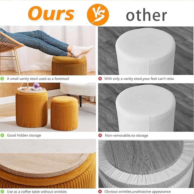 Round Ottoman with Storage Set of 2-Upholstered Velvet Vanity Stool for Makeup Multifunctional Ottomans Coffee Table Padded Seat Foot Rest for Living Room&Bedroom (Yellow-Upgrade Tray Lid)