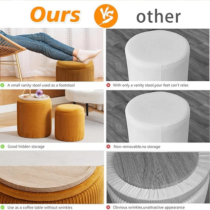 Round Ottoman with Storage Set of 2-Upholstered Velvet Vanity Stool for Makeup Multifunctional Ottomans Coffee Table Padded Seat Foot Rest for Living Room&Bedroom (Yellow-Upgrade Tray Lid)