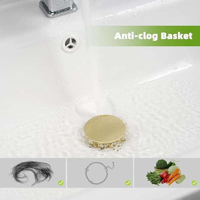 Universal Bathroom Sink Drain Strainer Hair Catcher Upgraded with Removable Stainless Steel Filter Basket, 2 in 1 Pop Up Sink Stopper for 1.1''~2.36'' Sink Basin Hole, Big Cover Cap, Brushed Gold