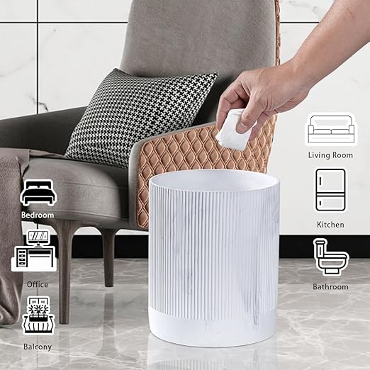 Polytree White Marble Stripe Wastebasket,Round Bathroom Trash Can 2.5 Gallon(9 Liter) Small Kitchen Garbage Can,Living Room Bedroom Trash Can, Decor Wastebasket for Home Office Marble Stripe