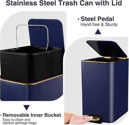 Small Bathroom Trash Can with Lid Soft Close, 1.8 Gallon Stainless Steel Garbage Can with Removable Inner Bucket,80Count Trash Bags, Slim Step Pedal Trash Bins