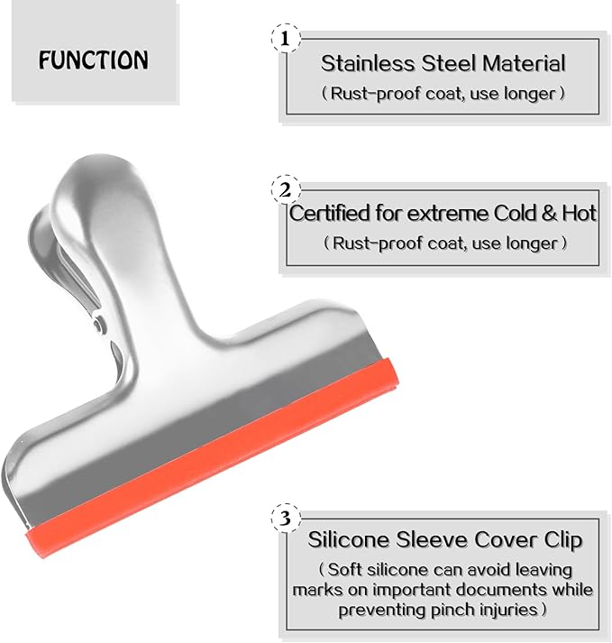 HOUSE AGAIN 12 Small Pack Stainless Steel Chip Bag Clips Covered with Silicone - NO More Sharp Edges - Color Coded for Food Bags - Air Tight Seal, Heavy Duty for Kitchen and Office, 2.5 Inches