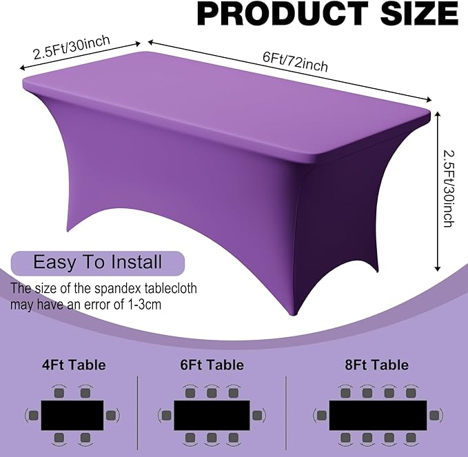 Trlyc 1 Pack 6FT Spandex Table Cloth - 72 x 30 Inch Rectangular Stretch Tablecloth, Wrinkle Resistant Scretch Table Cover for Wedding, Party, Banquet, Picnic, Outdoor Decoration (1Pcs,Purple)