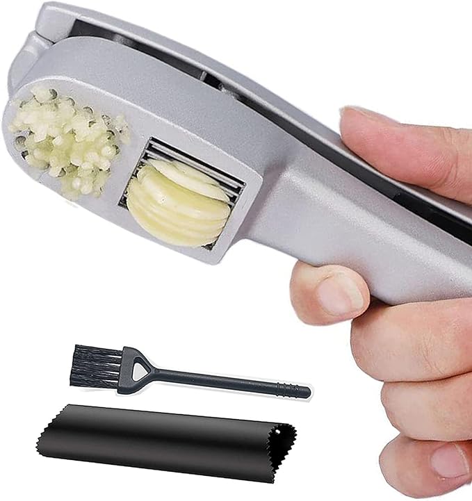 Garlic Press 2-in-1 Mincer, Crusher and Slicer with Peeler & Brush – Rustproof, Dishwasher Safe, Ergonomic Handle for Easy Squeeze and Cleaning