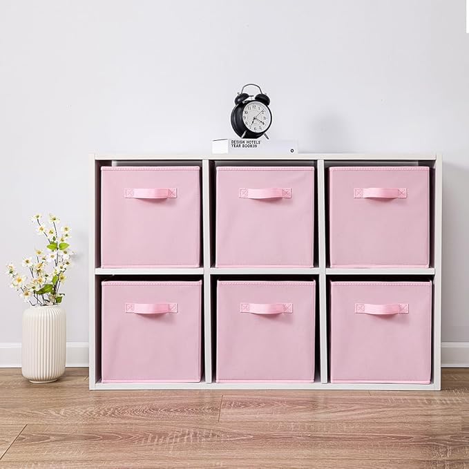 Stero Fabric Storage Bins 6 Pack Fun Colored Durable Storage Cubes with Handles Foldable Cube Baskets for Home, Kids Room, Closet and Toys Organization Pink
