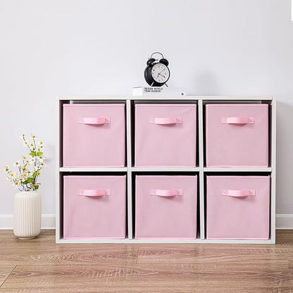 Stero Fabric Storage Bins 6 Pack Fun Colored Durable Storage Cubes with Handles Foldable Cube Baskets for Home, Kids Room, Closet and Toys Organization Pink