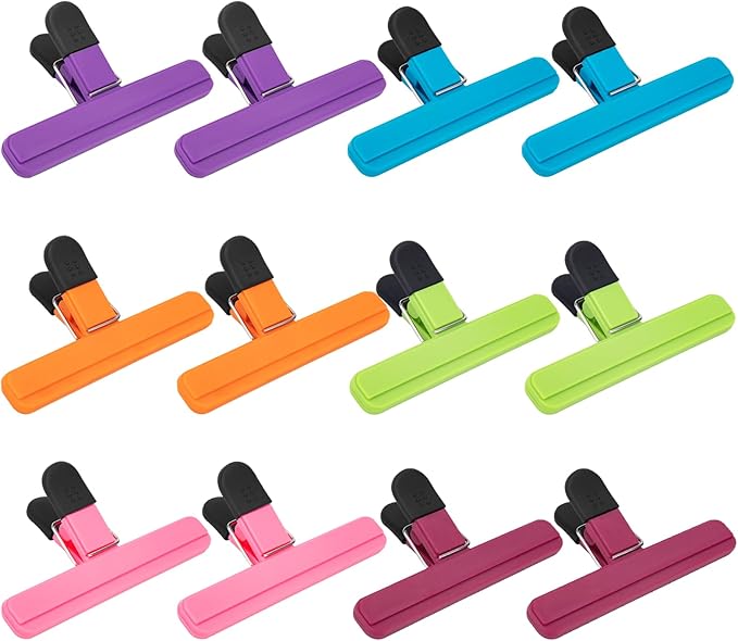 OWLKELA Chip Clip, 12 Pack Colors Wide Open Bag Clips for Food Storage, Heavy Duty Seal Grips Plastic Food Clips for Snack, Food Packages (6 inch x 3.4 inch)