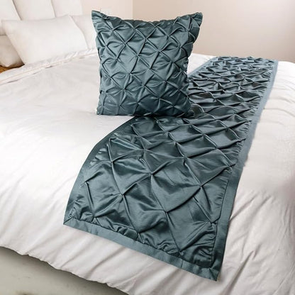 The HomeCentric Handmade Blue CA King 86 x 18 inch Bed Runner with Matching Pillow Cover, Satin Pintucks Bed Scarf, Solid Color Modern - Satin Nights