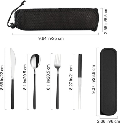 VANRA 4-Piece Portable Travel Utensils Set with Case 18/8 Stainless Steel Flatware Set Reusable Cutlery Set with Fork Spoon Knife Chopstick for Lunch Travel Camping School Work Picnic (Black)