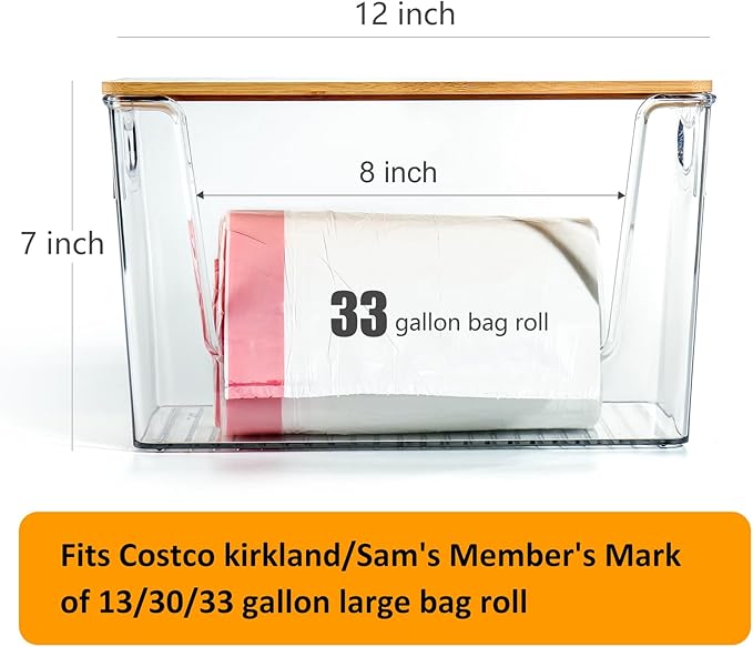 Hudgan Extra Large Trash Bag Holder Acrylic Trash Bag Dispenser Storage with Bamboo Top and Handles