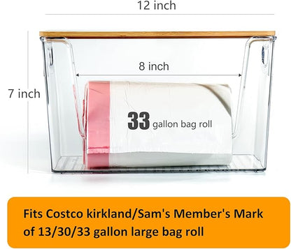 Hudgan Extra Large Trash Bag Holder Acrylic Trash Bag Dispenser Storage with Bamboo Top and Handles