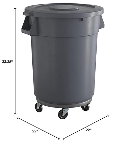 32 Gallon Gray Round Commercial Trash Can with Lid and Dolly