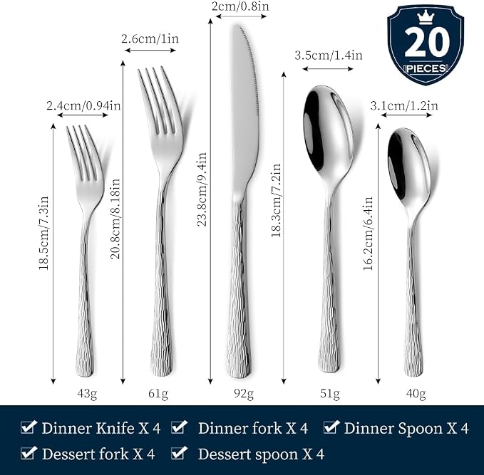 Black Hammered Silverware Set, Heavy Duty Flatware Set, 18/10 Stainless Steel