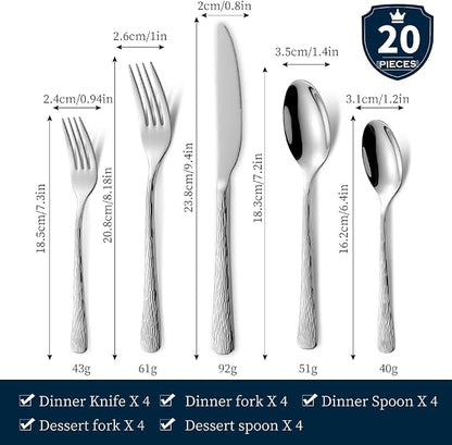 Black Hammered Silverware Set, Heavy Duty Flatware Set, 18/10 Stainless Steel