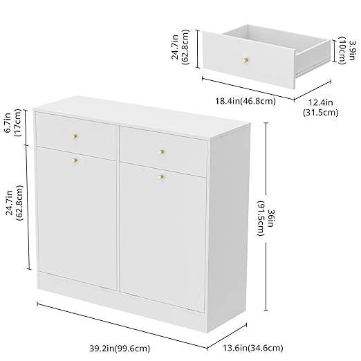 Double Tilt Out Trash Can Cabinet with 2 Drawers, Trash Storage Cabinet, Hidden Garbage Bin, Free Standing Laundry Sorter Organizer for Kitchen Dining Living Room, Bathroom, White