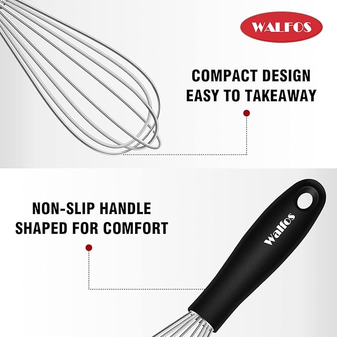 Walfos Mini Stainless Steel Whisk for Cooking - Heat Resistant Kitchen Whisks for Non-stick Cookware, Balloon Egg Beater Perfect for Blending, Whisking, Beating, Frothing & Stirring, 5+7in/12+17cm
