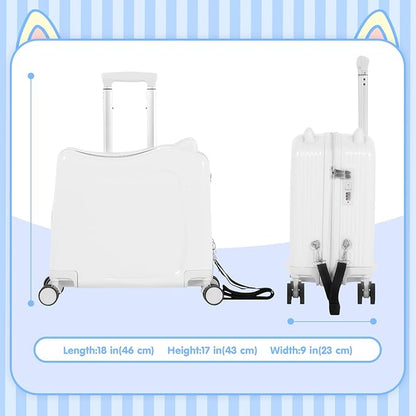 smilesun 20" Ride-On Travel Suitcase for Kids, Cute Ear Toddler Carry on Luggage with Spinner Wheels, Children Rolling Trolly Luggage with Combination Lock (Matte White with Rope)