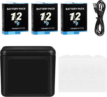 Battery Charger Kits for GoPro Hero 12 11 10 9 Black, 3-Pack 2000mAh Replacement Batteries + Triple Charge Case with Type-C Charging Cord for Go Pro 12 11 10 9 Official Batteries Accessories