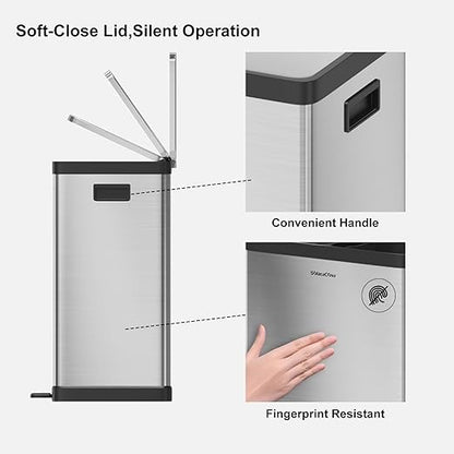 Kitchen Trash Can, 2 x 8 Gallon (2 x 30 L) Dual Trash Can, Garbage Can for Kitchen, Trash and Recycle Bin Combo, Fingerprint Resistant, Soft-close Lid,Odor-Proof and Brushed Stainless Steel