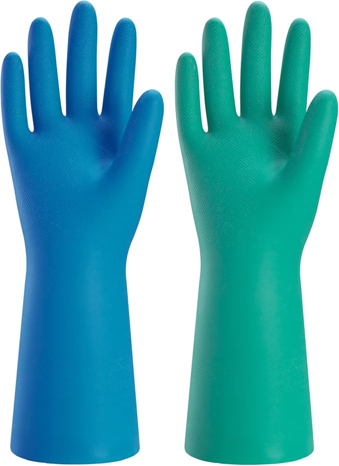 Bamllum 2 Pairs Reusable Kitchen Gloves for Washing Dishes - Nitrile Rubber Dishwashing Gloves, Reusable Household Cleaning Gloves, Flexible Durable & Non-Slip (Medium, Green+Blue)