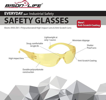 BISON LIFE Safety Glasses - Scratch Resistant Wrap Around Eyewear, Polycarbonate ANSI Z87.1 Impact Resistant Lens