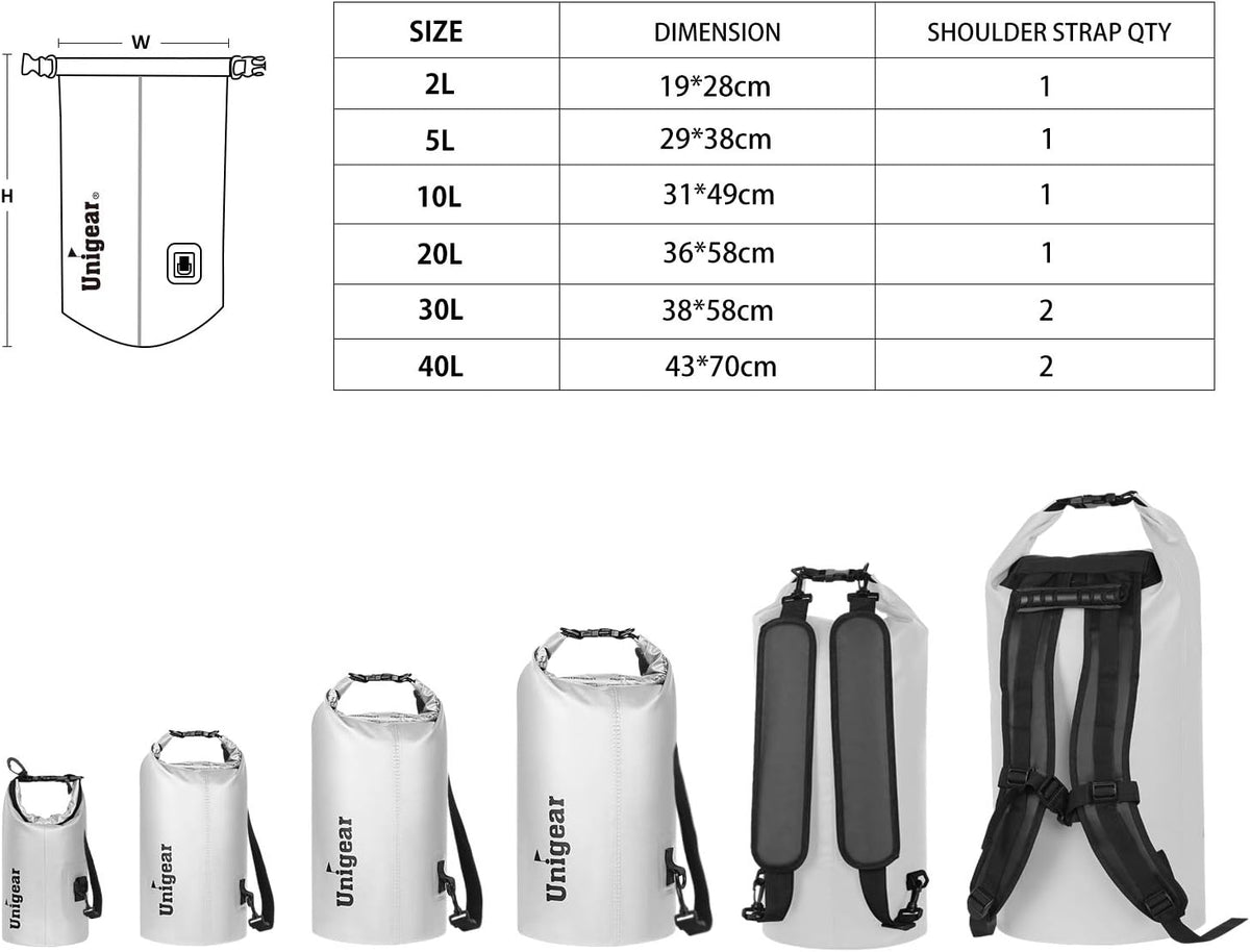 Unigear Dry Bag Waterproof, 2L/5L/10L/20L/30L/40L Floating and Lightweight Bags for Kayaking, Boating, Fishing, Swimming and Camping with Waterproof Phone Case