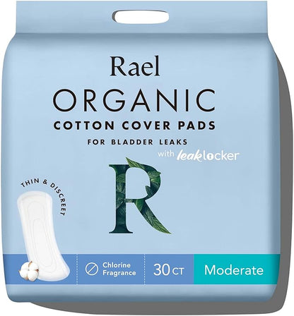 Rael Incontinence Pads for Women, Organic Cotton Cover, Postpartum Essential, Heavy Absorbency, Bladder Control, 4-Layer Core with Leak Guard Technology, Long Length (Moderate, 30 Count)