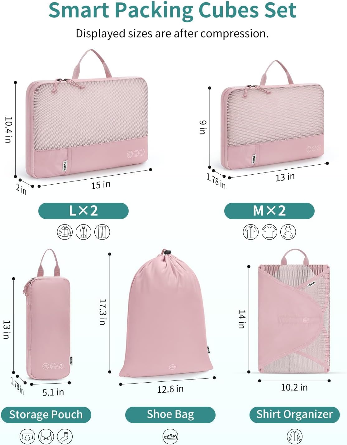 WANDF 7 Set Compression Packing Cubes for Travel, Shirt Folder for Wrinkle-Free, Suitcase Organizer Bags Set for Carry-On Checked Luggage Duffle Bag Women Men(Pink)