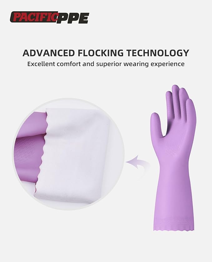 PACIFIC PPE 4 Pairs Reusable Dishwashing Cleaning Gloves with Latex Free, Cotton Lining, Kitchen Gloves, Purple, Large