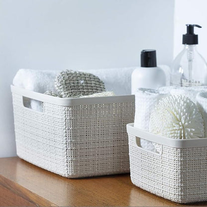 Curver Set of 6 Jute Medium Decorative Plastic Organization and Storage Baskets, Perfect Bins for Home Office, Closet Shelves, Kitchen Pantry and All Bedroom Essentials, White