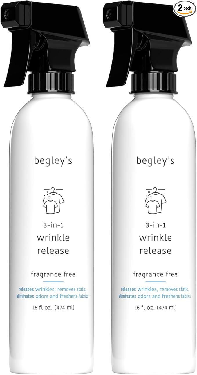 Begley's 3-in-1 Wrinkle Remover, Quick Fix Wrinkle Release, Static Cling Remover, Odor Eliminator and Fabric Refresher Spray - USDA Certified Biobased - Fragrance-Free, 16 oz, 2 Pack