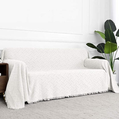 MYSKY HOME White Geometrical Sofa Covers, Couch Cover for 2 Cushion Couch, Sectional Couch Cover Living Room Sofa Throws Sofa Slipcovers for Pets, & Kids (X-Large, 71" x 118", White)