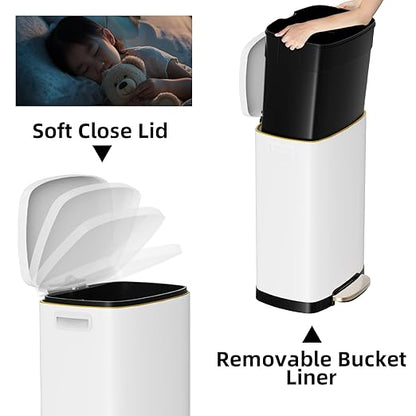 13 Gallon Trash Can with Lid, 50L Fingerprint Proof Stainless Steel Kitchen Trash Can with Removable Inner Bucket and Lid Soft Close, Pedal Rubbish Bin for Home Office, White