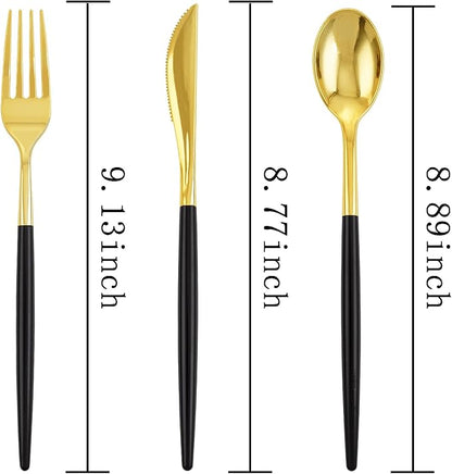 I00000 300Pcs Black Plastic Silverware, Happy New Year Gold Disposable Silverware, Black and Gold Plastic Utensils Include 100 Forks 100 Knives 100 Spoons,Disposable Cutlery for Wedding