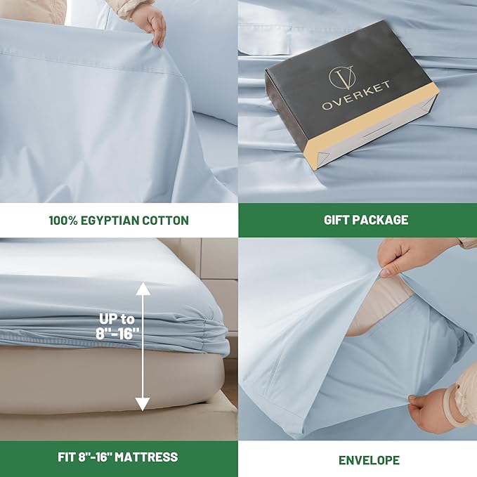 100% Egyptian Cotton Sheets Cal King Sheet Set 4PCS 1000 Thread Count Sateen Weave Soft Breathable 16-Inch Deep Pocket（California King,Light Blue）