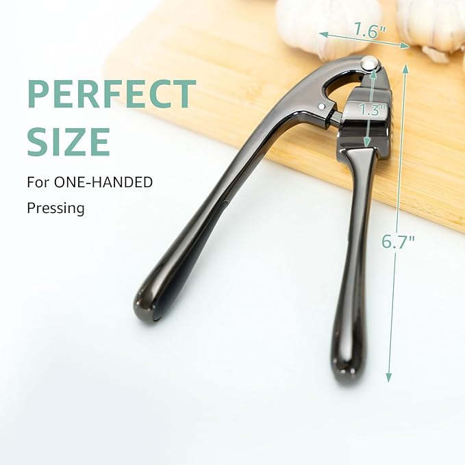 GD Black Garlic Press Crusher Mincer Tool - Stainless Steel Garlic Press, Dishwasher Safe & Rust Proof, Easy-Squeeze Garlic Crusher with Ergonomic Handle - Includes Silicone Peeler & Brush (Black)