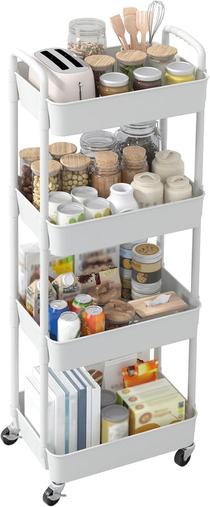 Sywhitta 4-Tier Plastic Rolling Utility Cart with Handle, Multi-Functional Storage Trolley for Office, Living Room, Kitchen, Movable Storage Organizer with Wheels, White