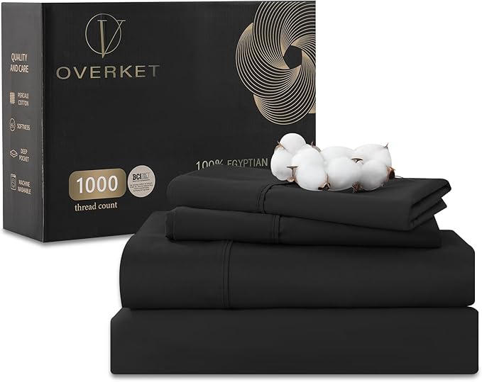 100% Egyptian Cotton Sheets Cal King Sheet Set 1000 Thread Count Sateen Weave Soft Breathable 16-Inch Deep Pocket 4PCS（California King,Black）