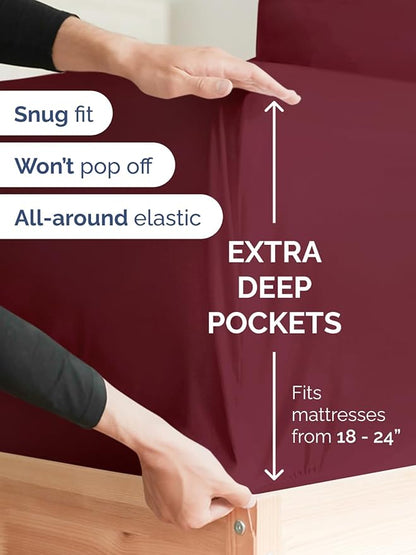 Extra Deep Pocket Twin XL Sheets - 3 Piece Breathable & Cooling Bed Sheets - Hotel Luxury Bed Sheet Set - Soft, Wrinkle Free & Comfy - Easily Fits Extra Deep Mattresses - Deep Pocket Burgundy Sheets