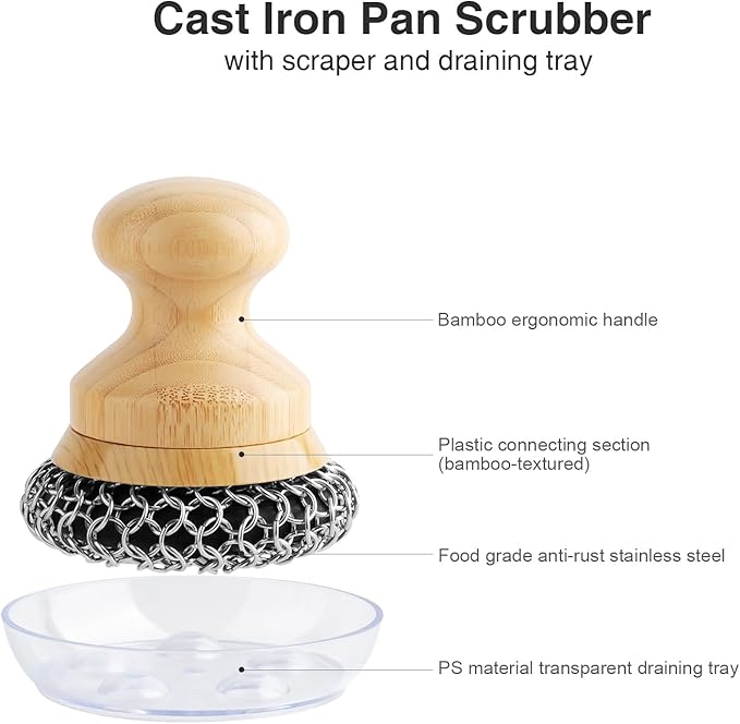 Cast Iron Scrubber and Scraper,Chain Mail Cleaner with Bamboo Handle & Draining Tray,316 Stainless Steel Brush for Cleaning Pots,Pans,Wok,Bakeware,Griddles, Grills,Dishes (Large Chain Mail)