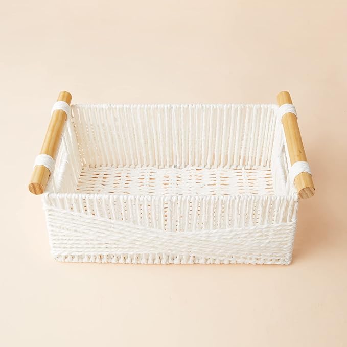 LA JOLIE MUSE Wicker Storage Baskets for Organizing, Recyclable Paper Rope Basket with Wood Handles, Decorative Hand Woven Basket Organizers for Makeup Books Shelves Living Room, White, Set of 2