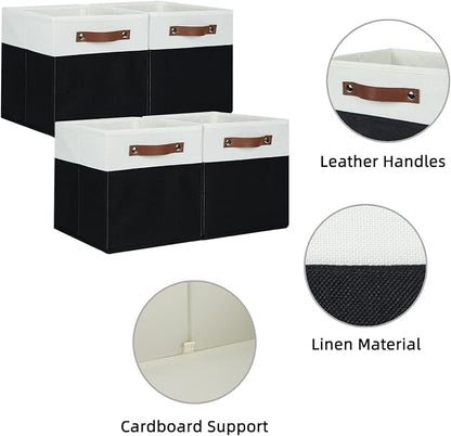 HNZIGE Cubes Storage Bins Set of 4,11 x 11 Fabric Storage Cube Baskets for Storage,Decorative Storage Bins for Shelves with Handles,Closet Clothes Baskets for Organizing Home(Black White)