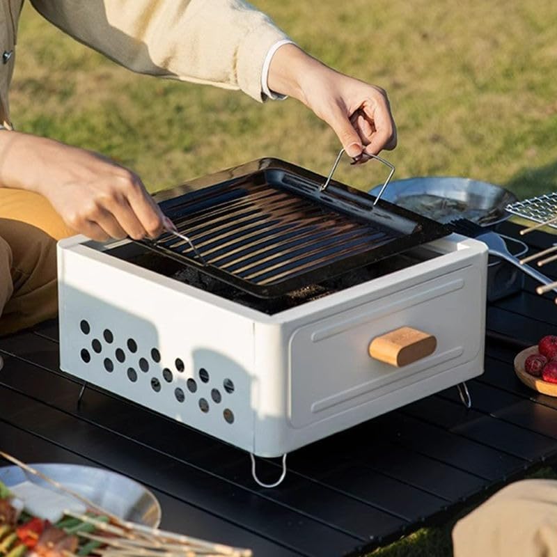 Portable Charcoal BBQ Grill Stove – Smokeless Outdoor Cooking for Camping & Tailgating, Yakitori Grill, Skewers, Easy Drawer Style, Pan and Grill Included